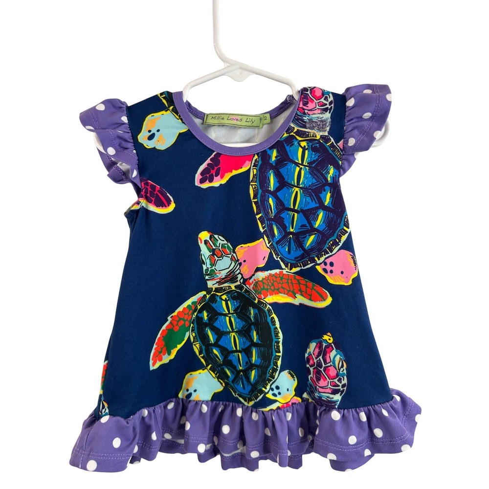 Millie Loves Lily Dress 2 Navy Blue Sea Turtle Ruffle Polka Dot Toddler Girls